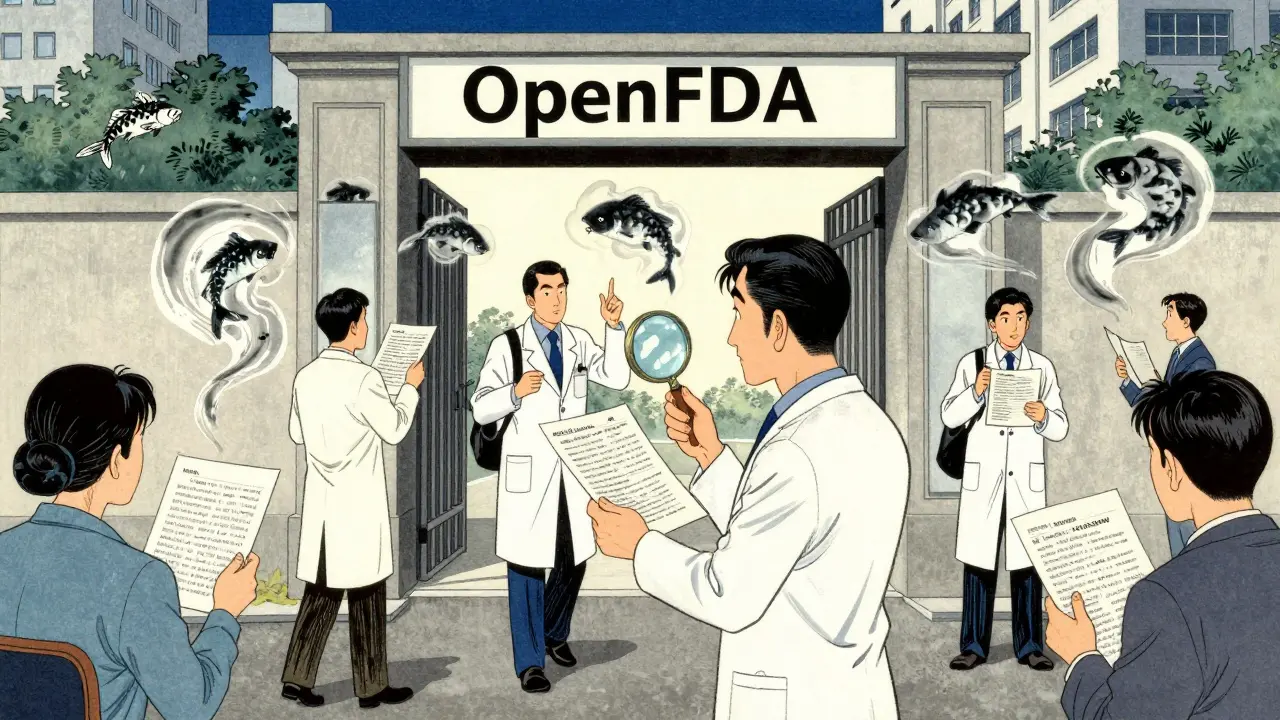 People passing through a gate labeled OpenFDA, with reports turning into ink-carved fish symbolizing data flow.