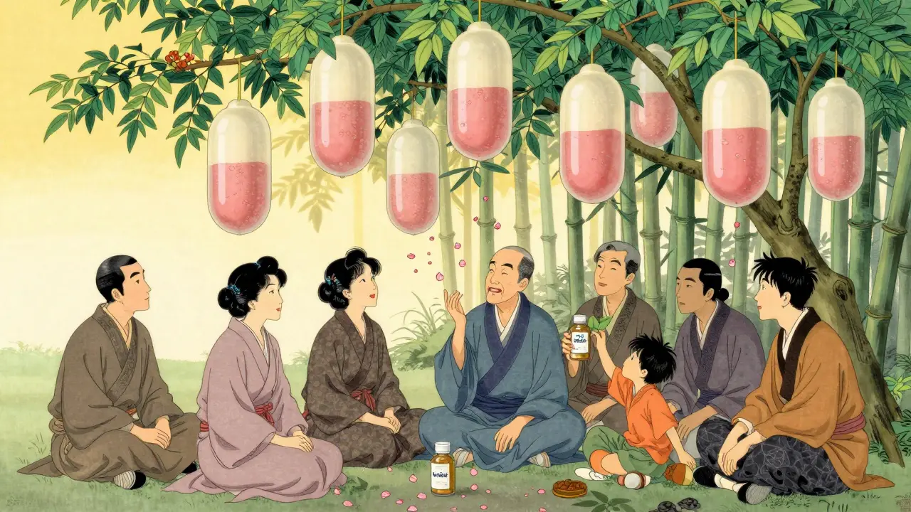 People under a giant peppermint plant with capsule lanterns, symbolizing relief and trust.