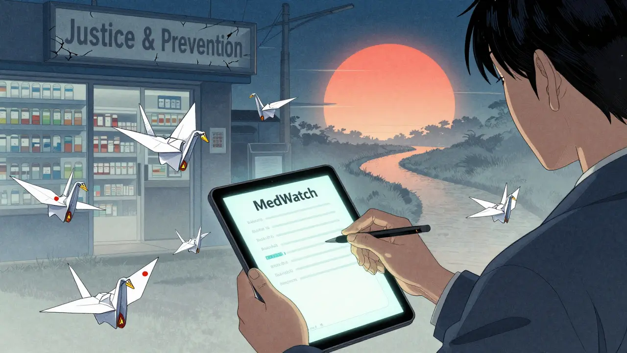 Person filing pharmacy error report, paper cranes made from labels rise toward a rising sun.