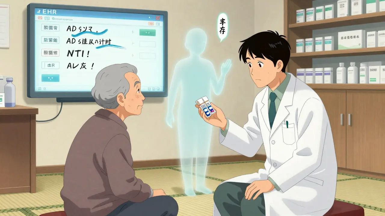 Pharmacist explaining generic substitution to patient, with spirit figure representing drug variability and EHR glowing in background.