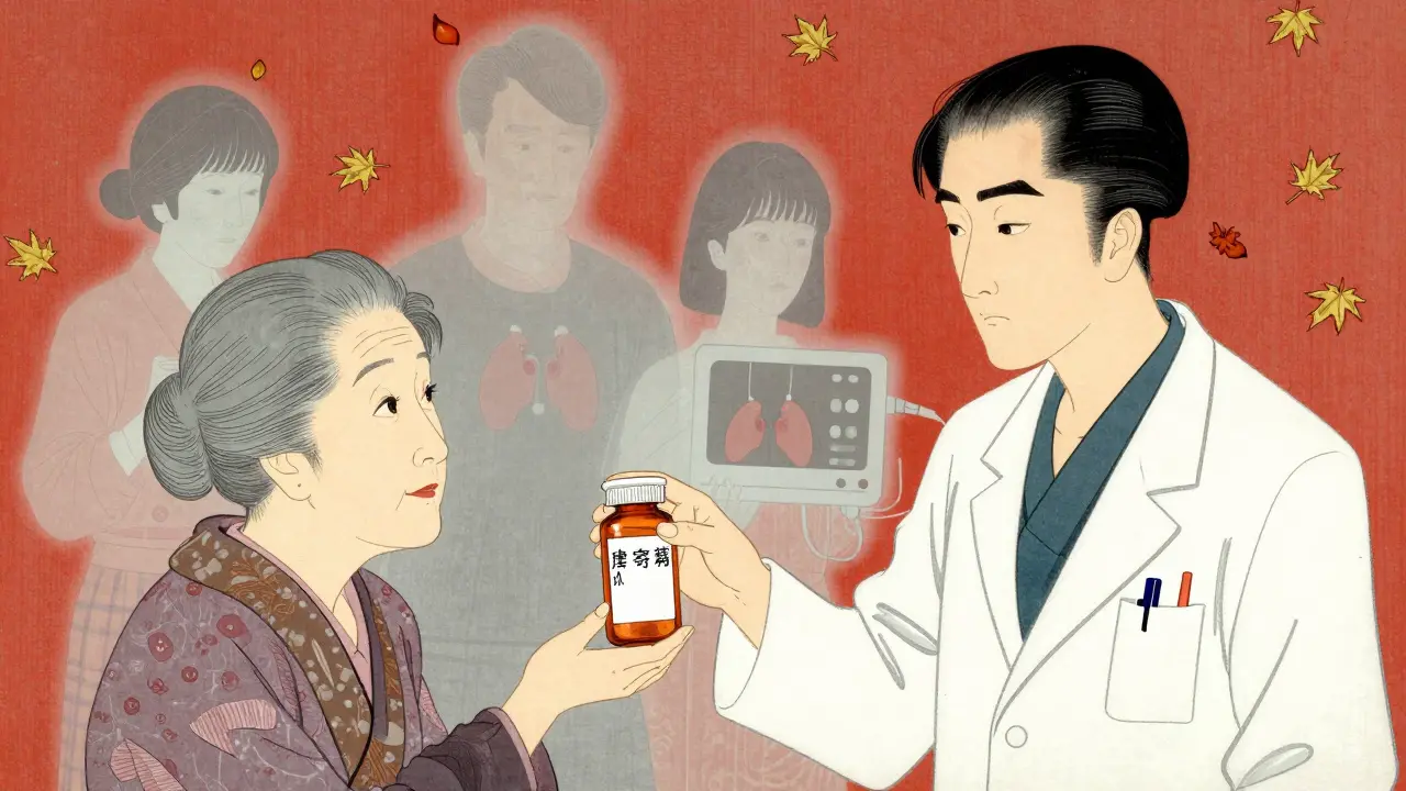 Pharmacist giving a prescription as ghostly medical symbols float behind, autumn leaves falling.