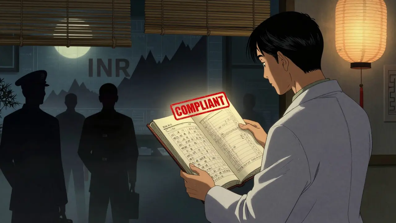 Pharmacist holding substitution ledger at night, shadowy auditors in mist, glowing 'COMPLIANT' seal above under paper lantern.