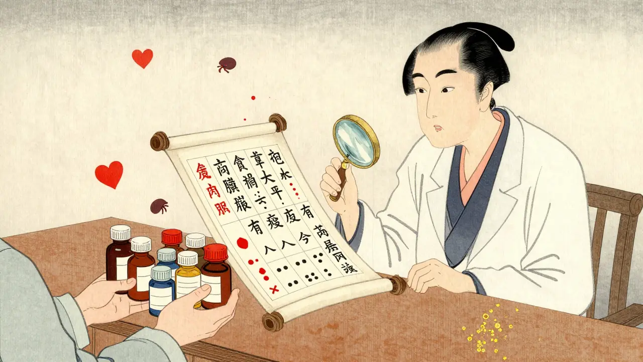 Pharmacist reviewing a medication scroll with warning symbols floating nearby, surrounded by prescription bottles.