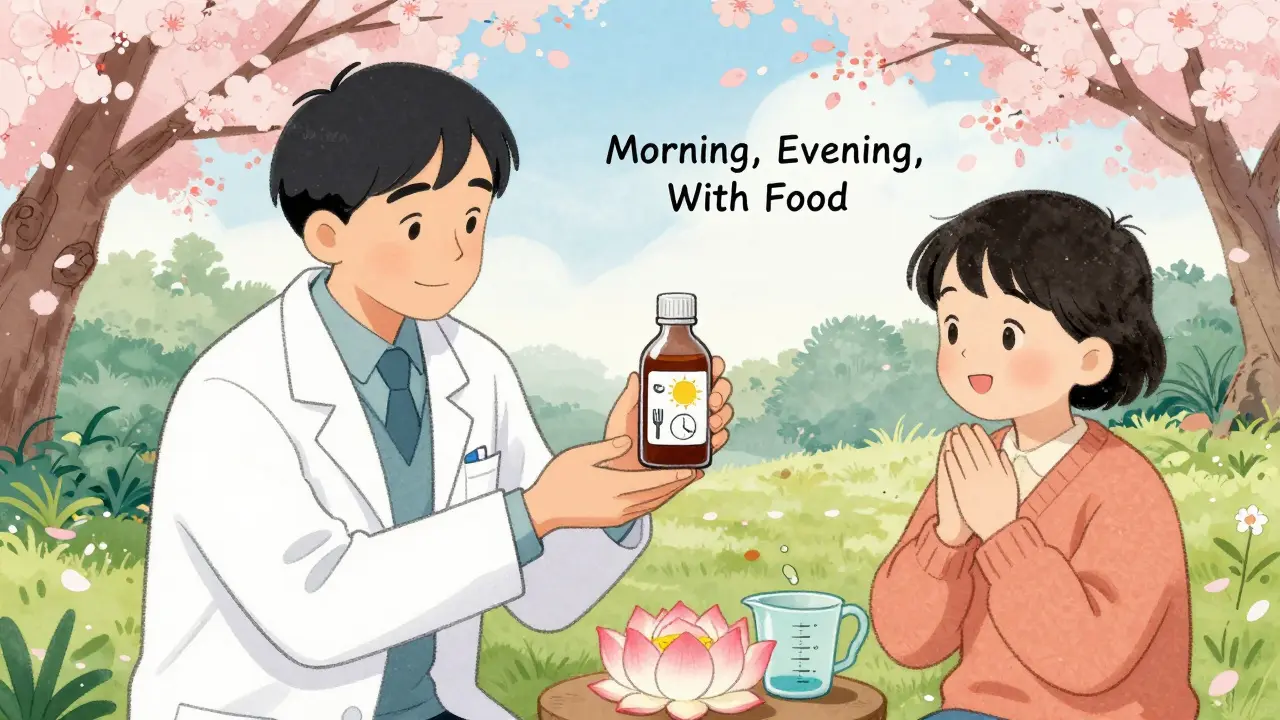 Pharmacist shows parent clear pictogram labels for children's medicine with sun and moon icons.