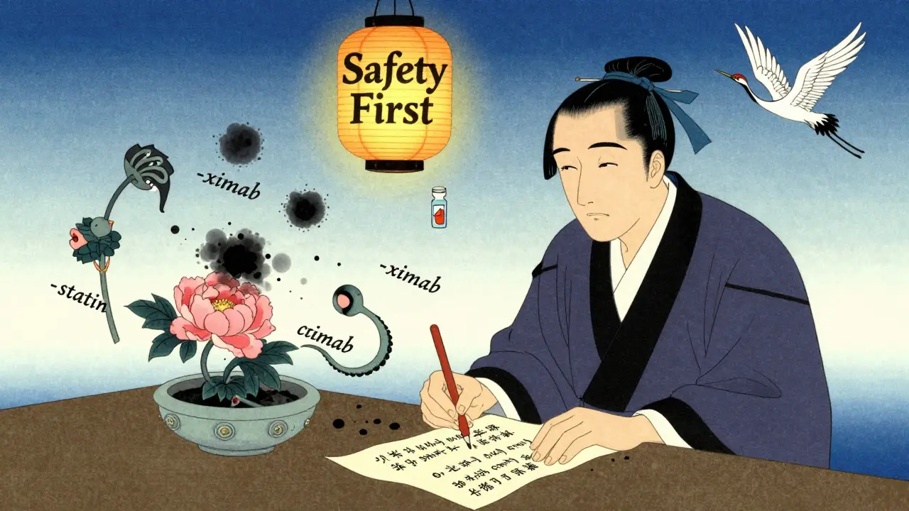 Scholar writing a new drug name as stems bloom like flowers and rejected names fade.