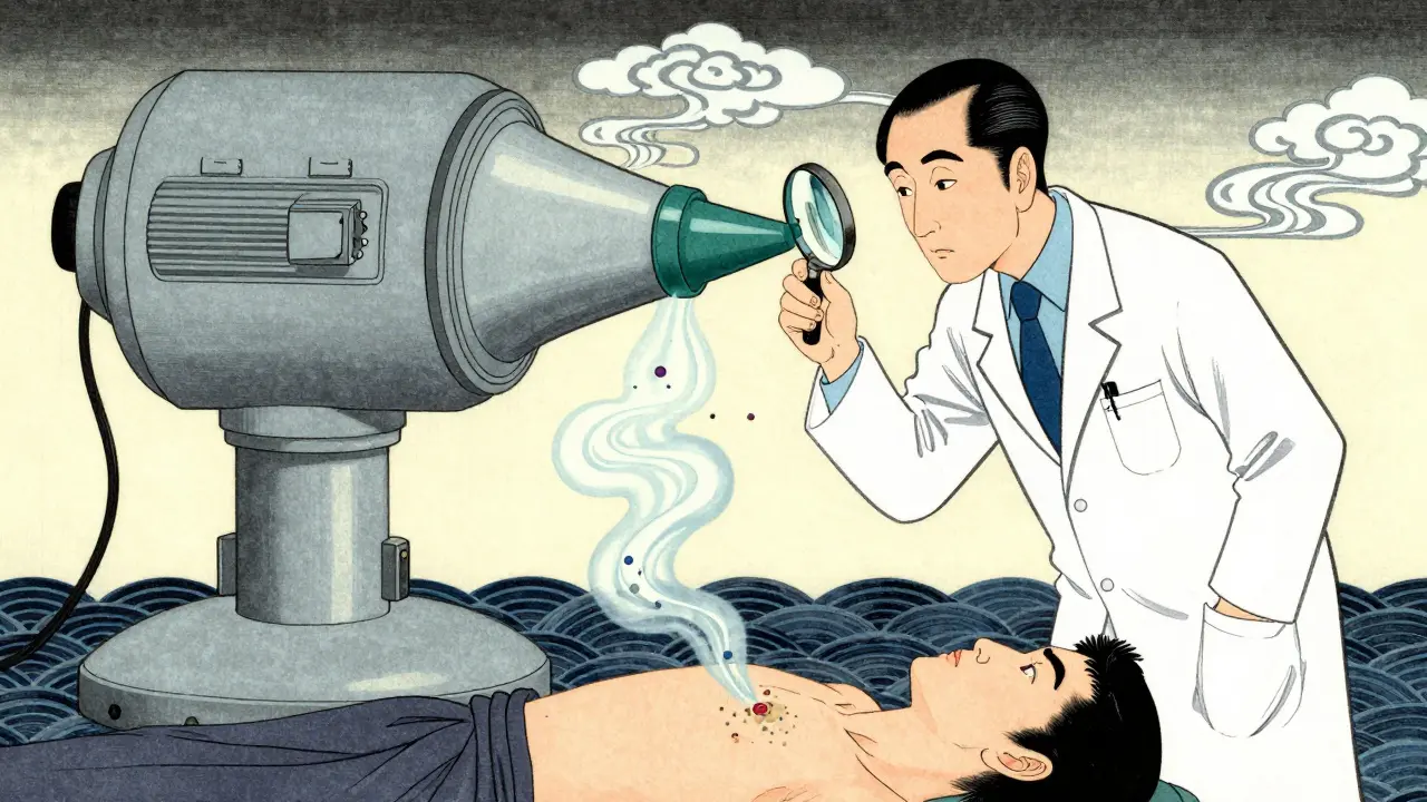 Scientist analyzing invisible lung-deposited particles from an inhaler with stylized wind currents.