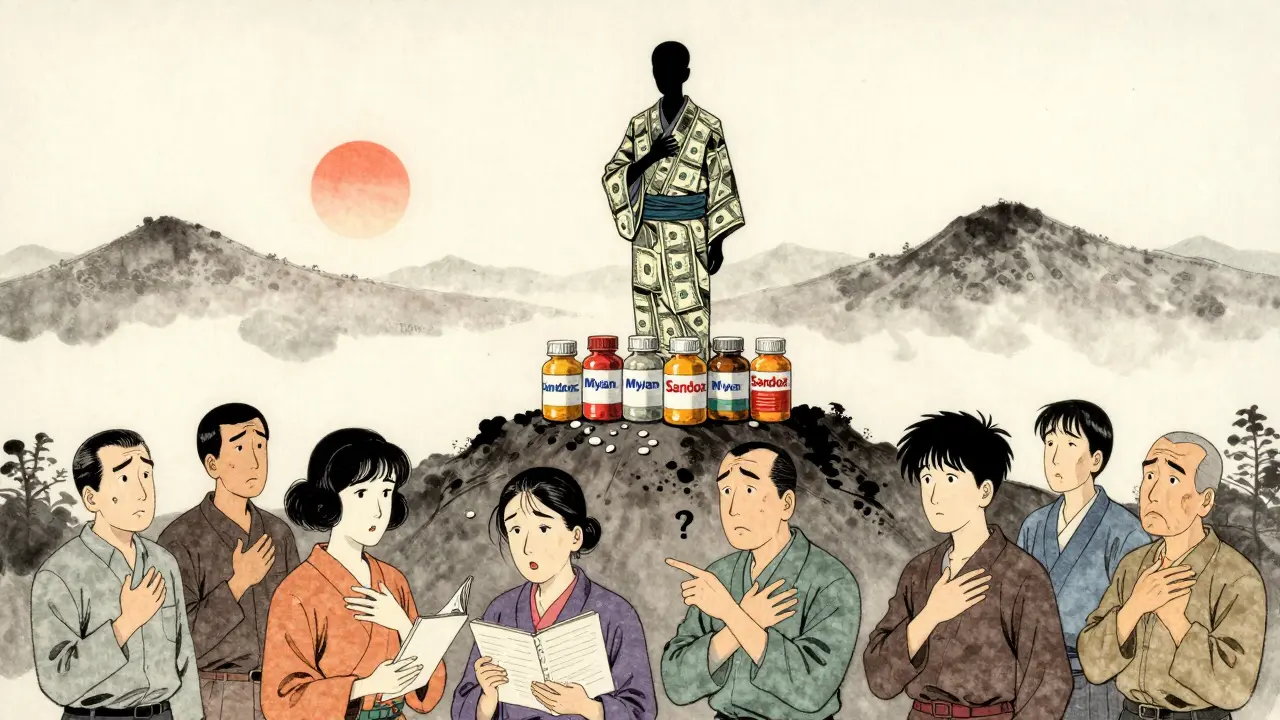 Shadowy figure in dollar bill kimono towers over pill bottles while patients below show distress.