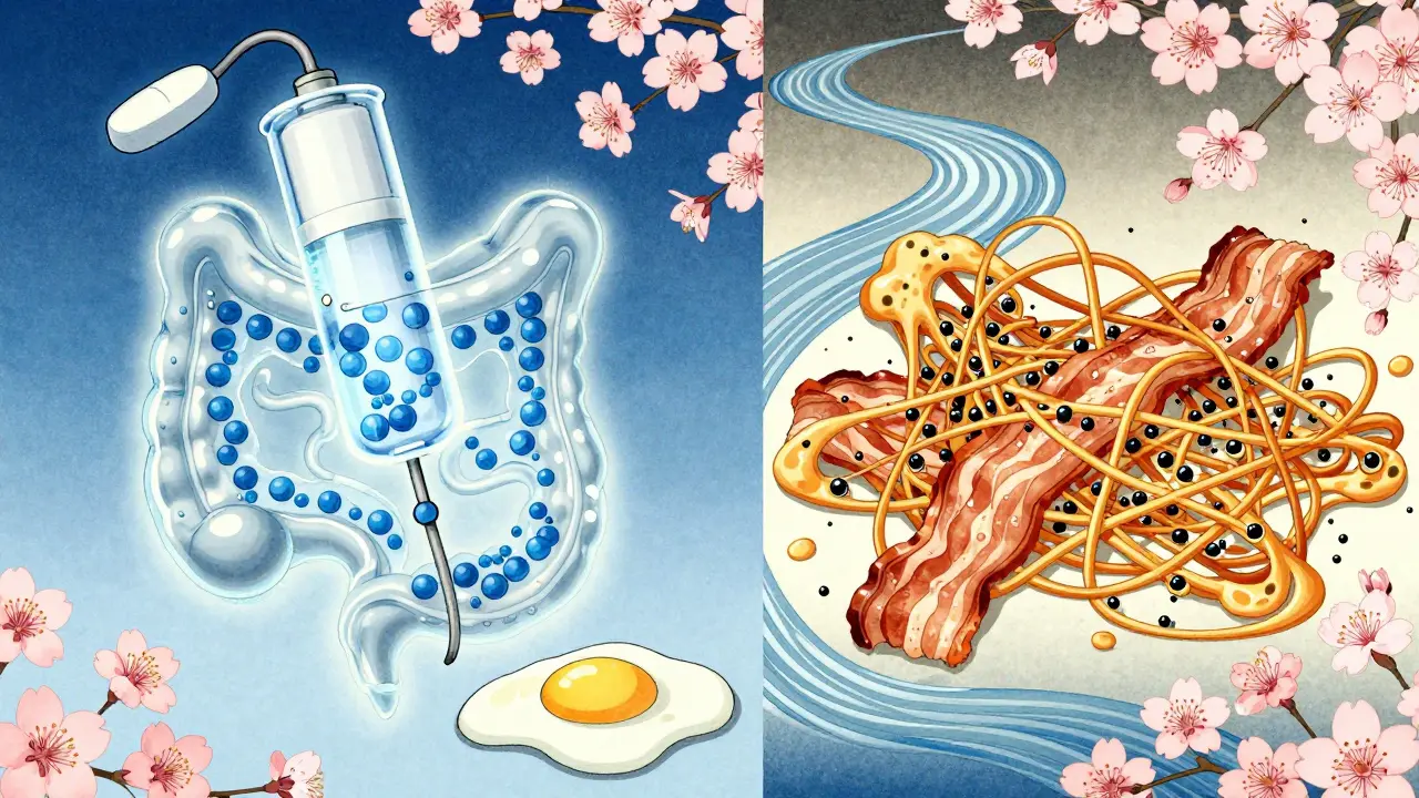 Split image: CONCERTA's steady drug release unaffected by food, while ADDERALL XR beads are blocked by greasy breakfast items.