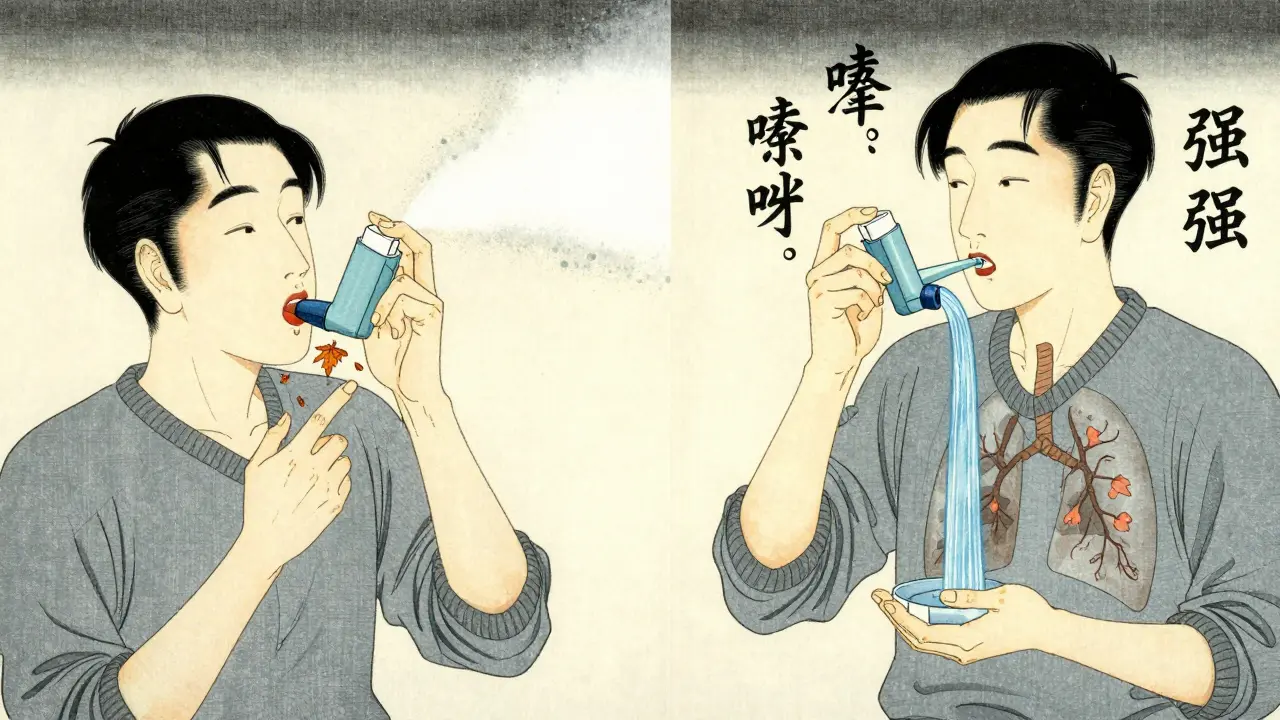 Split scene: incorrect inhaler use vs. proper use with spacer and flowing medicine.