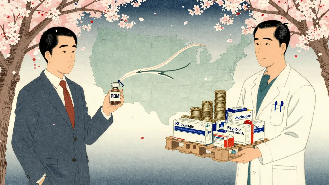 Two figures comparing savings: one with a small purse labeled PBM, another with a large drug pallet labeled Republic Pharmaceuticals.