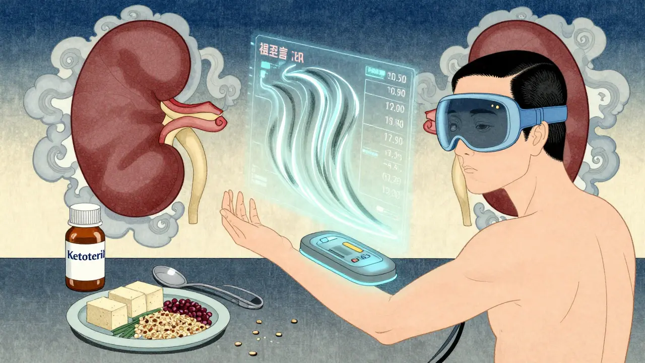 Wearable device displays protein data as ink waves beside plant-based meals and prescription bottle.