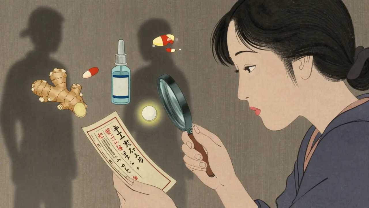 Woman examining a medicine label with symbols of safe pregnancy remedies floating around her.