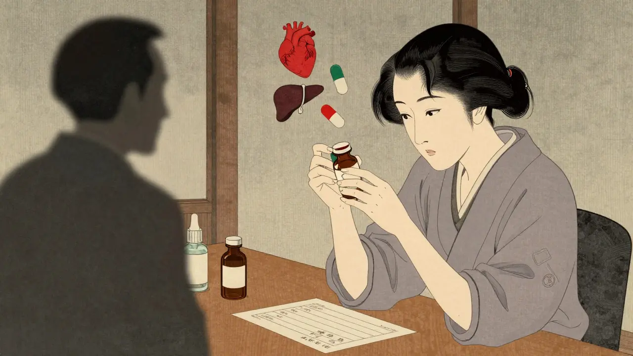 Woman photographing incorrect pill bottle beside prescription, ink-style medical icons floating above.