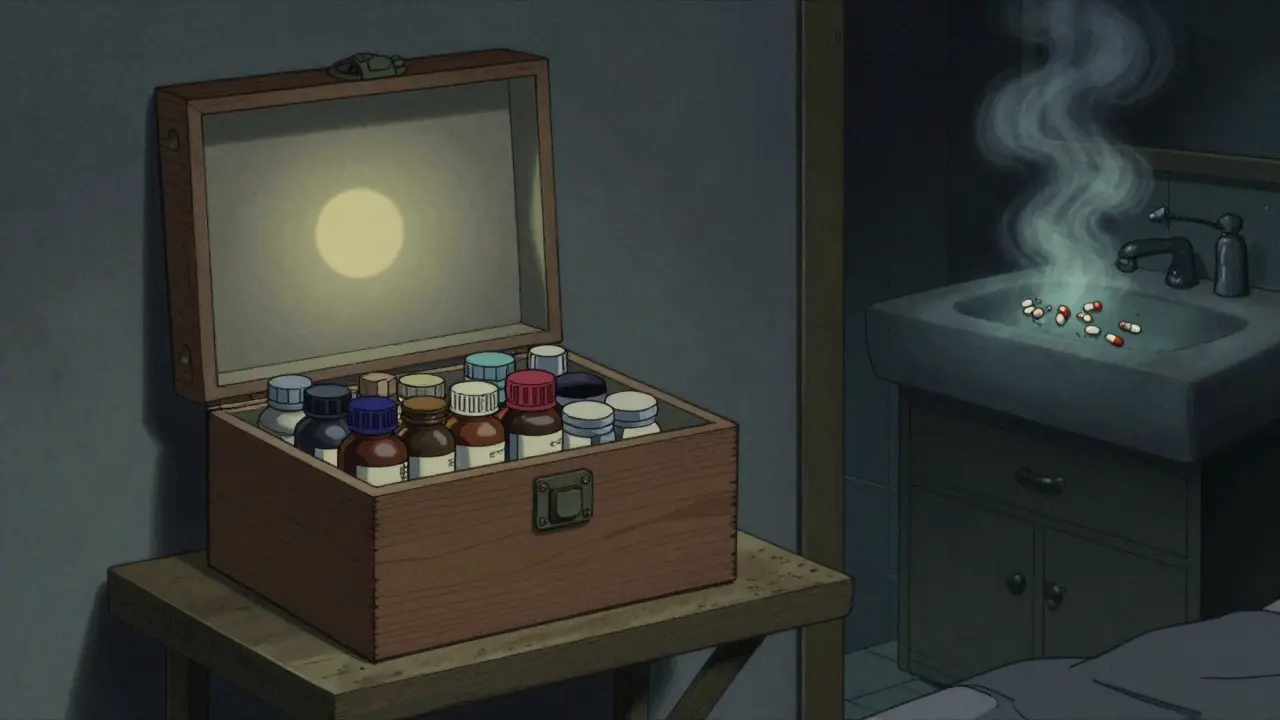 A cool, dark bedroom shelf with locked medication box, contrasted with a steaming, dangerous bathroom cabinet.