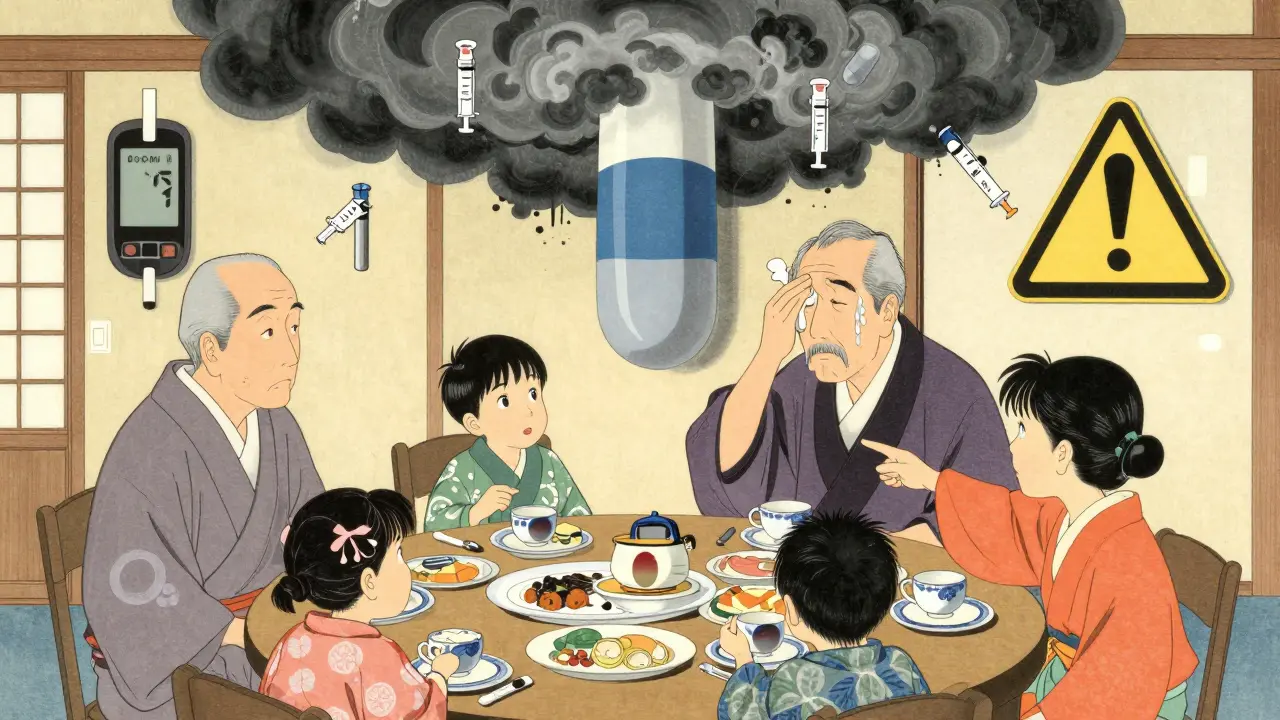 A family at dinner with floating glucose meters and a looming prednisone pill, one man has blurred vision reflected in a teacup.