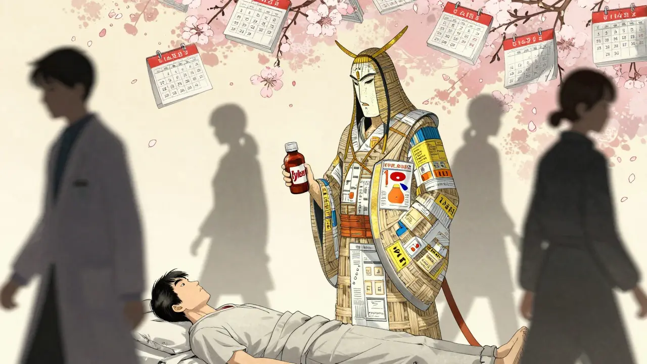 A guardian spirit protects a patient taking safe pain relief, while oblivious medical staff pass by in a traditional Japanese-inspired illustration.