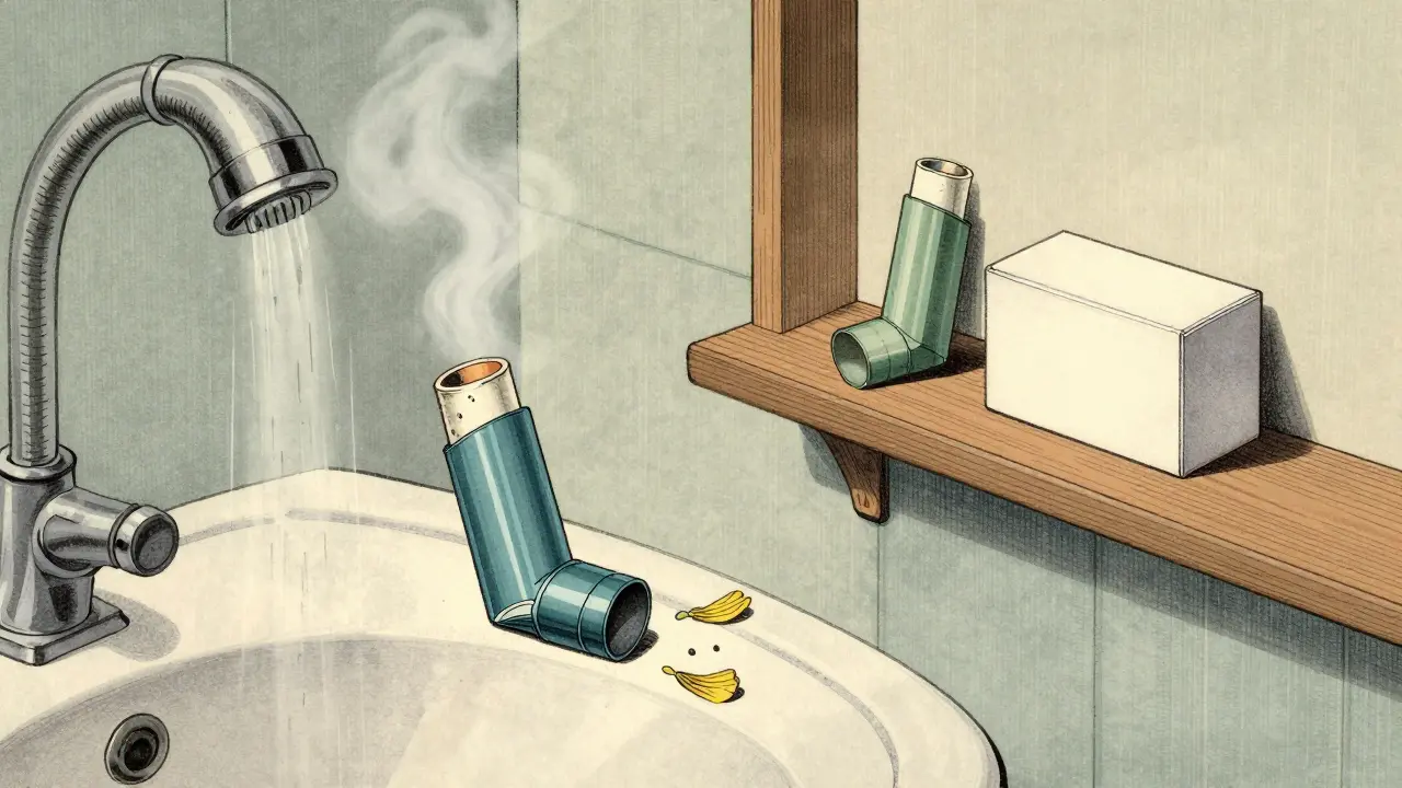 A humid bathroom with a damaged inhaler beside a safely stored one in a box.