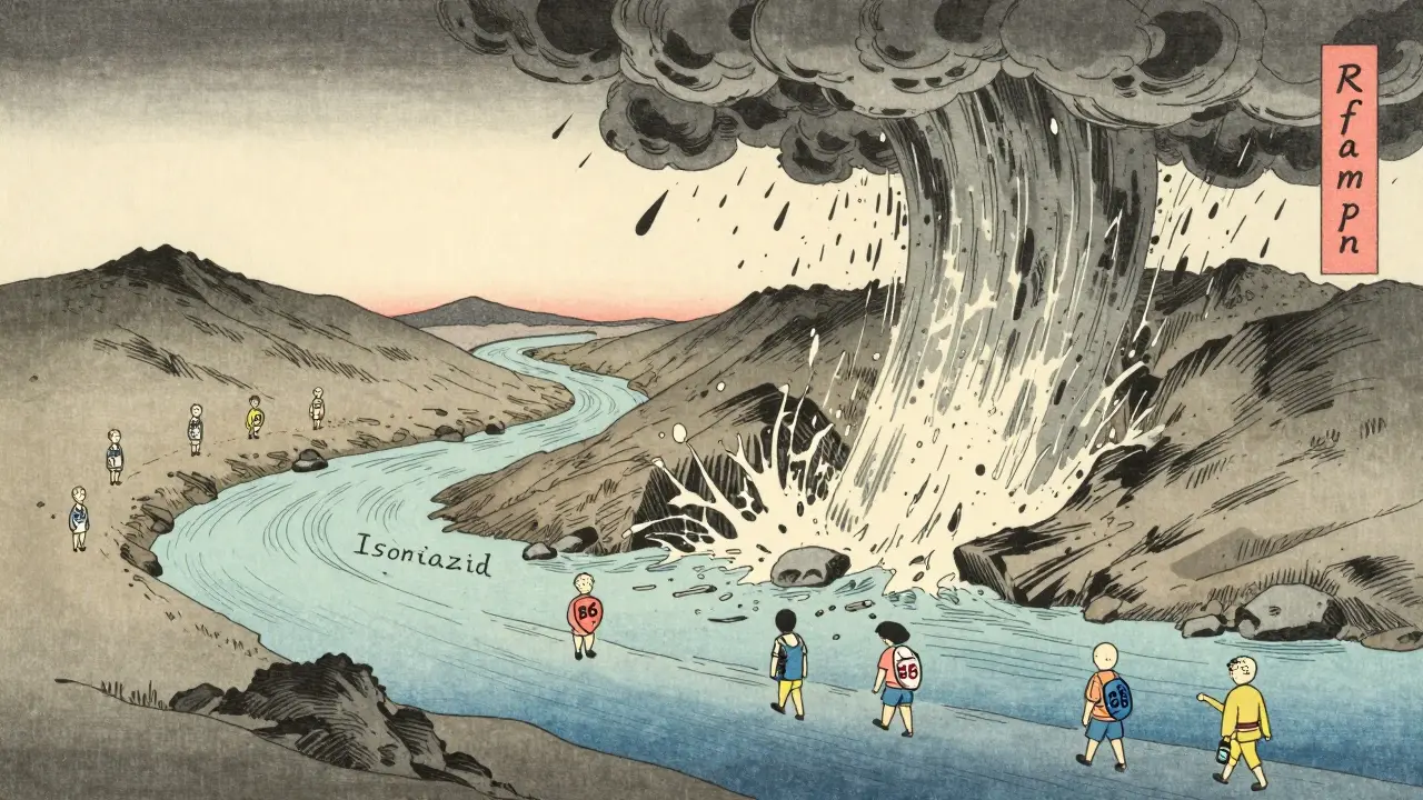 A liver landscape with two rivers of drugs merging into toxic storm clouds, in Ukiyo-e style.