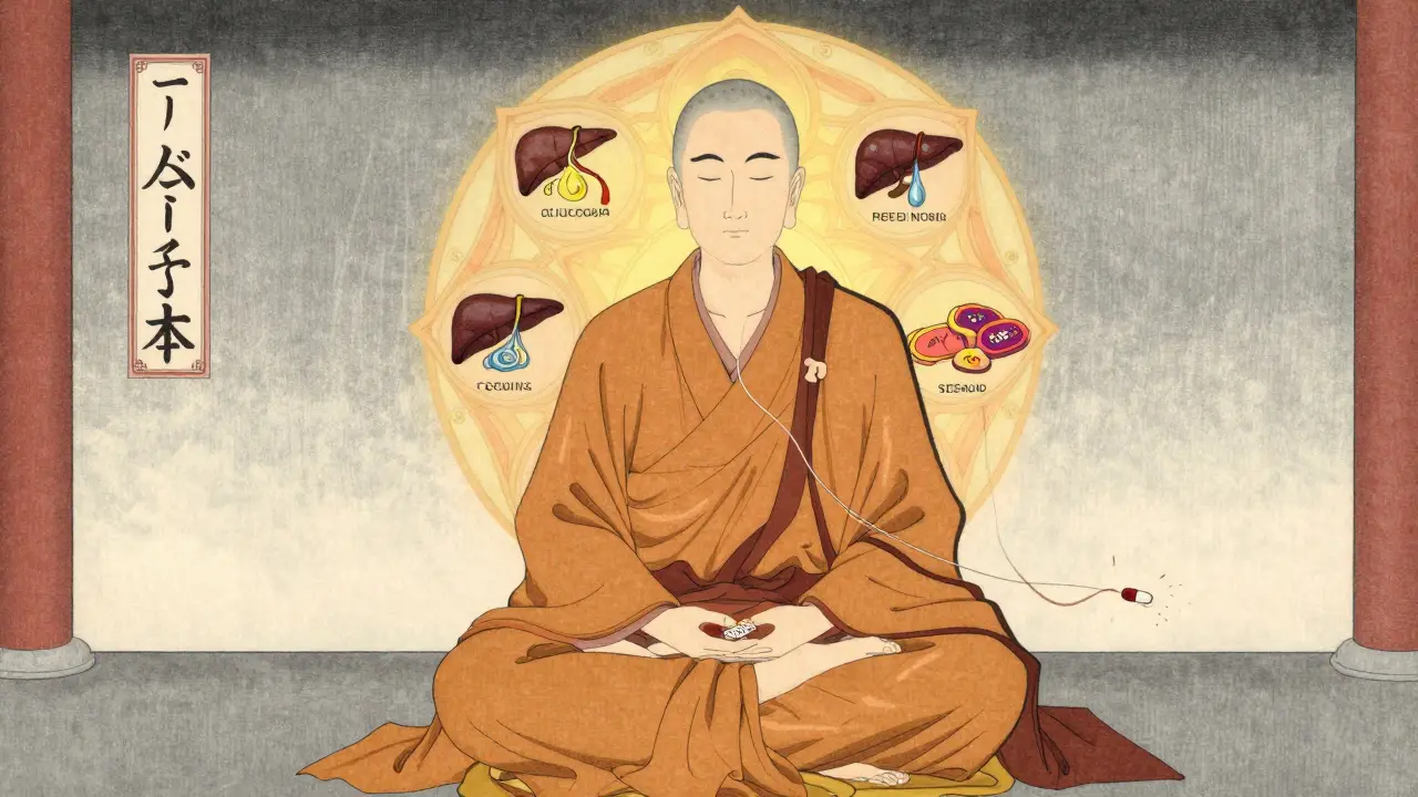 A meditating monk with a body-mandala showing liver, muscles, and pancreas disrupted by steroid effects, a fading pill nearby.