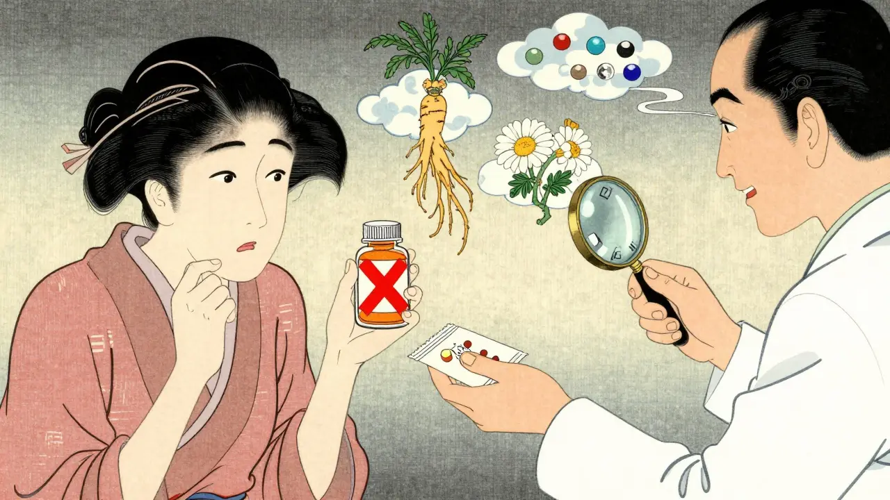 A patient compares brand-name and generic pills, with allergens highlighted by traditional Japanese cloud motifs.