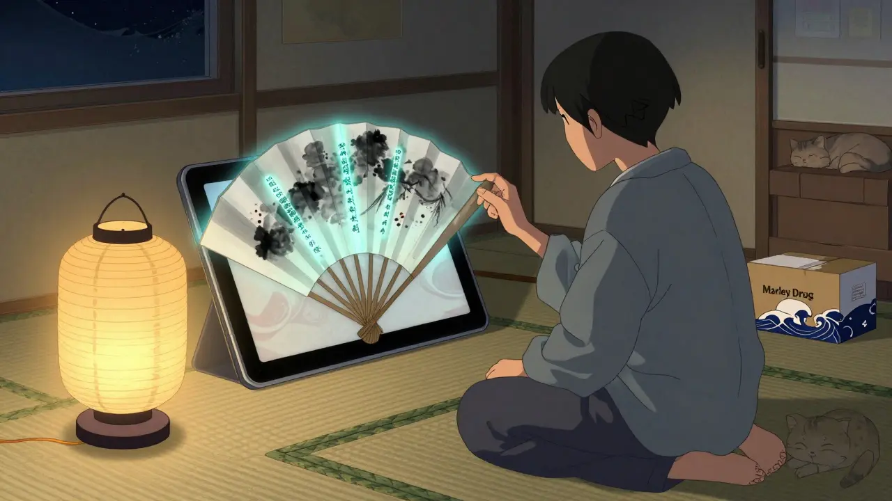 A patient video-calls a pharmacist from home, with glowing medication data floating like ink wash art.