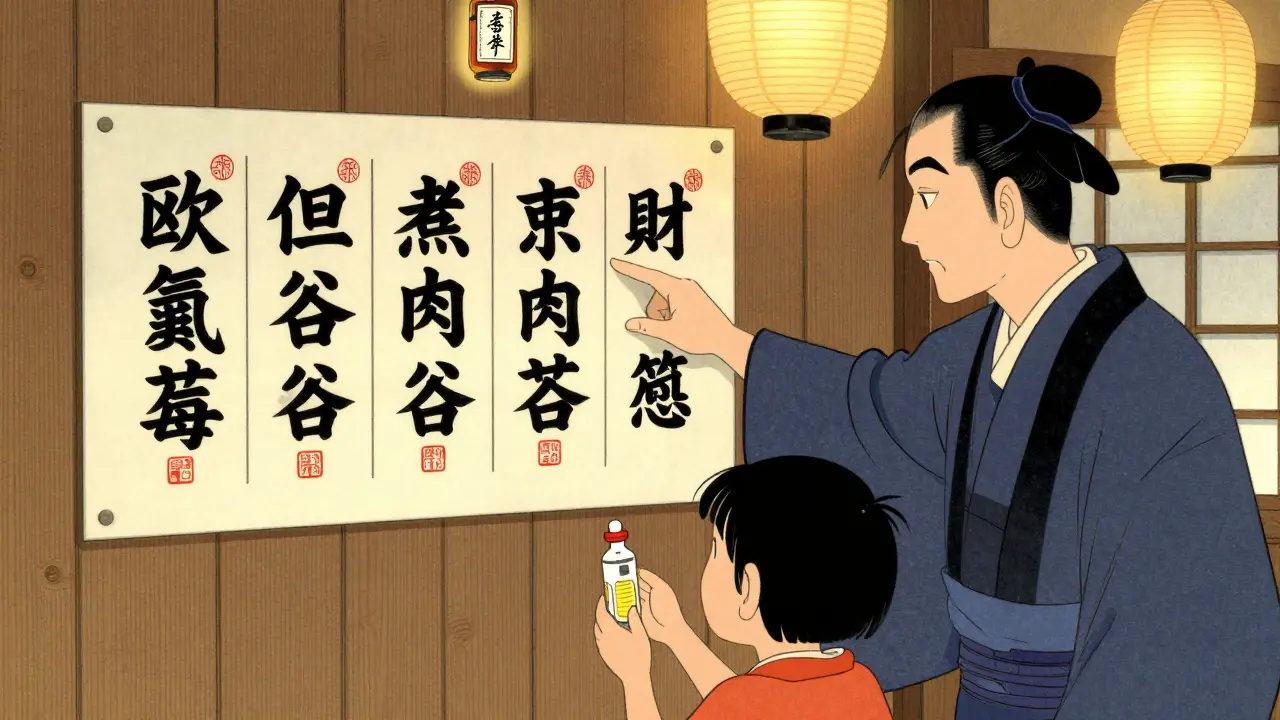 A pharmacist shows a chart of five key medicine ingredients to a parent and child.