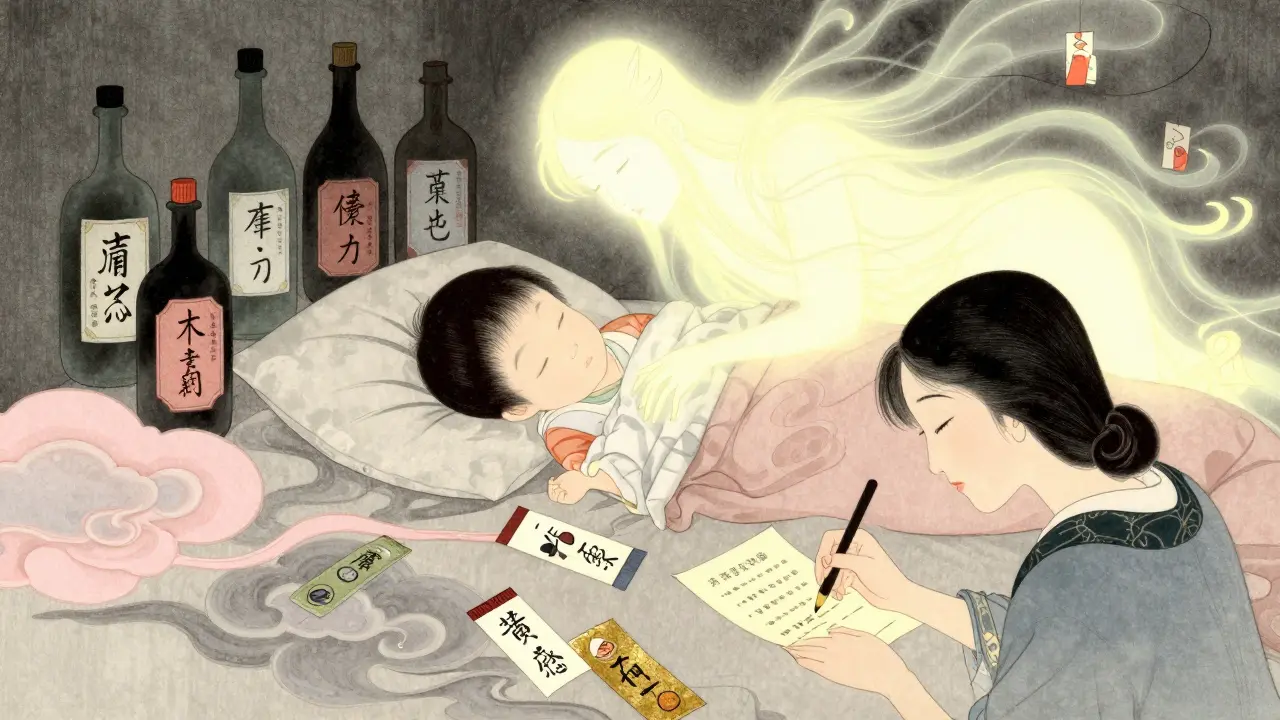 A protective spirit shields a sleeping child from dangerous medication labels.