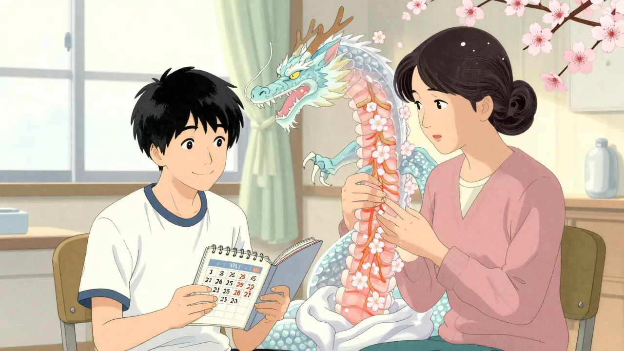 A teen and her mother celebrate reduced migraines, with a serene dragon symbolizing Botox calming pain pathways.