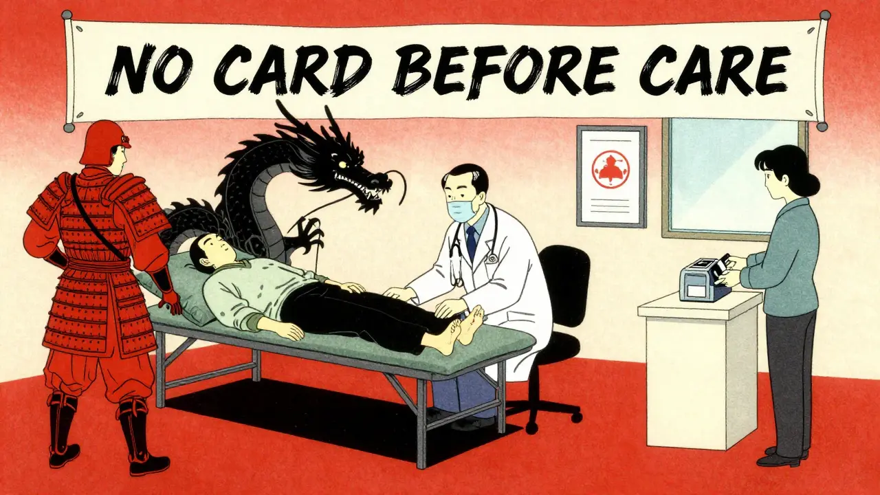 An emergency patient is treated while a credit card request is blocked, symbolizing protection before care.