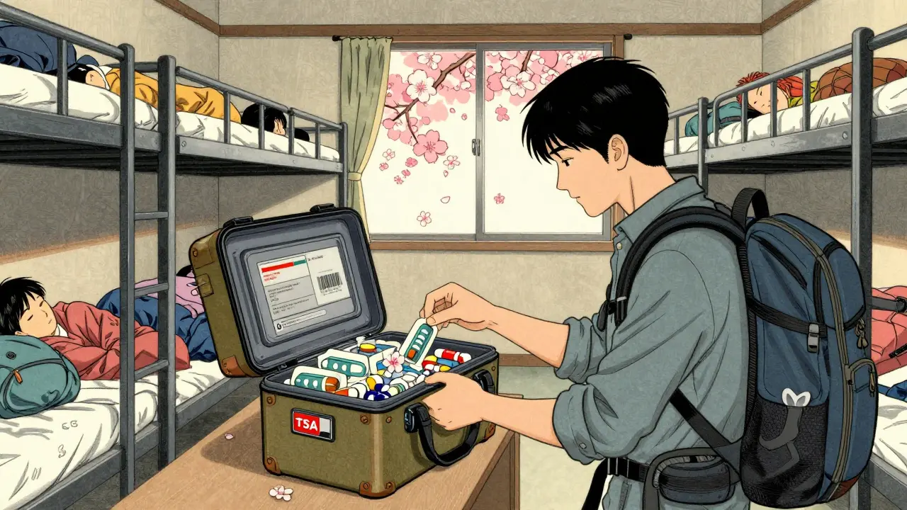 Backpacker securing meds in a portable lock box in a hostel dorm, cherry blossoms drifting in the window.