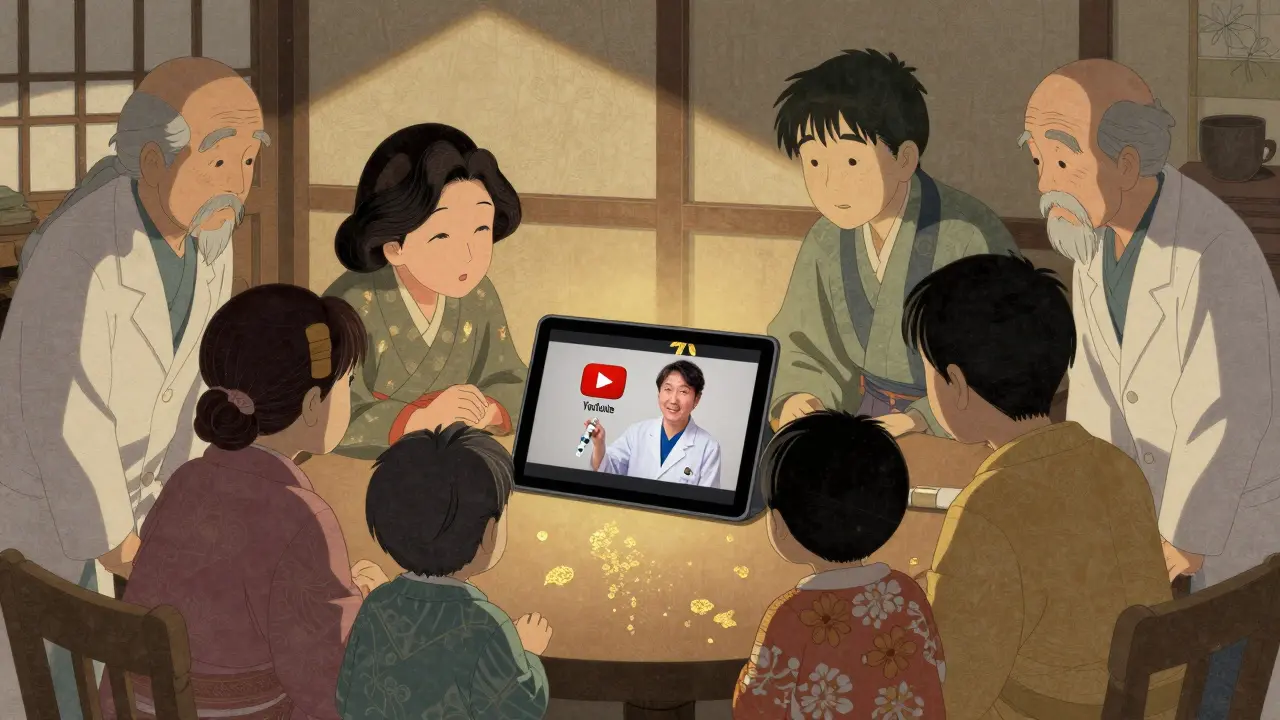 Family watches a patient's insulin video on tablet, ancestral figures observing in quiet reverence.