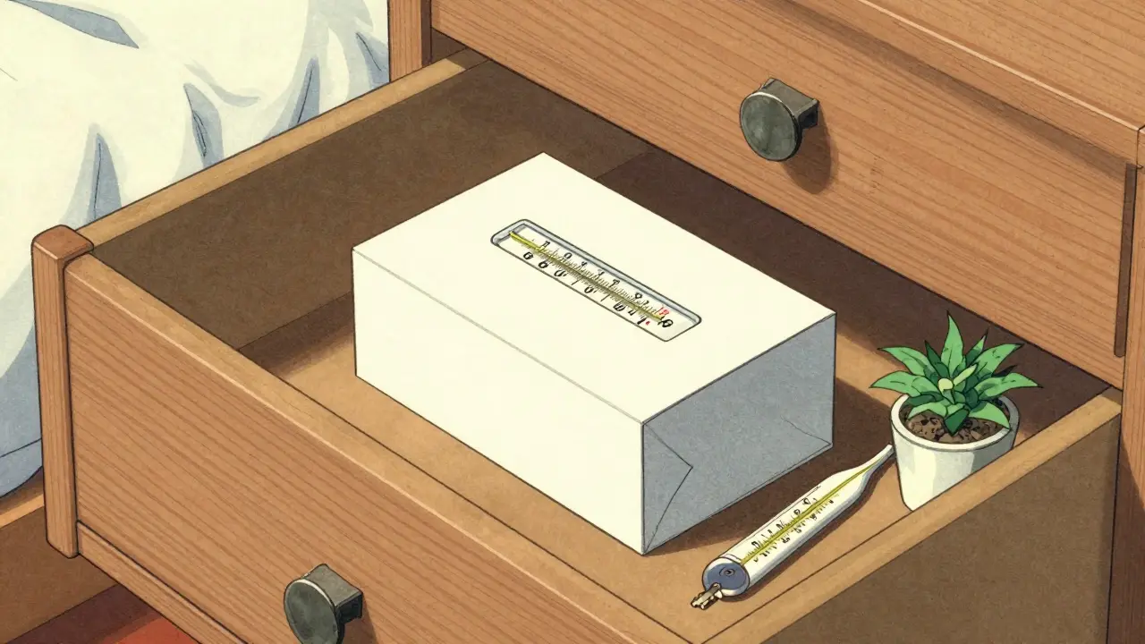 Locked medication container in bedroom drawer with thermometer.