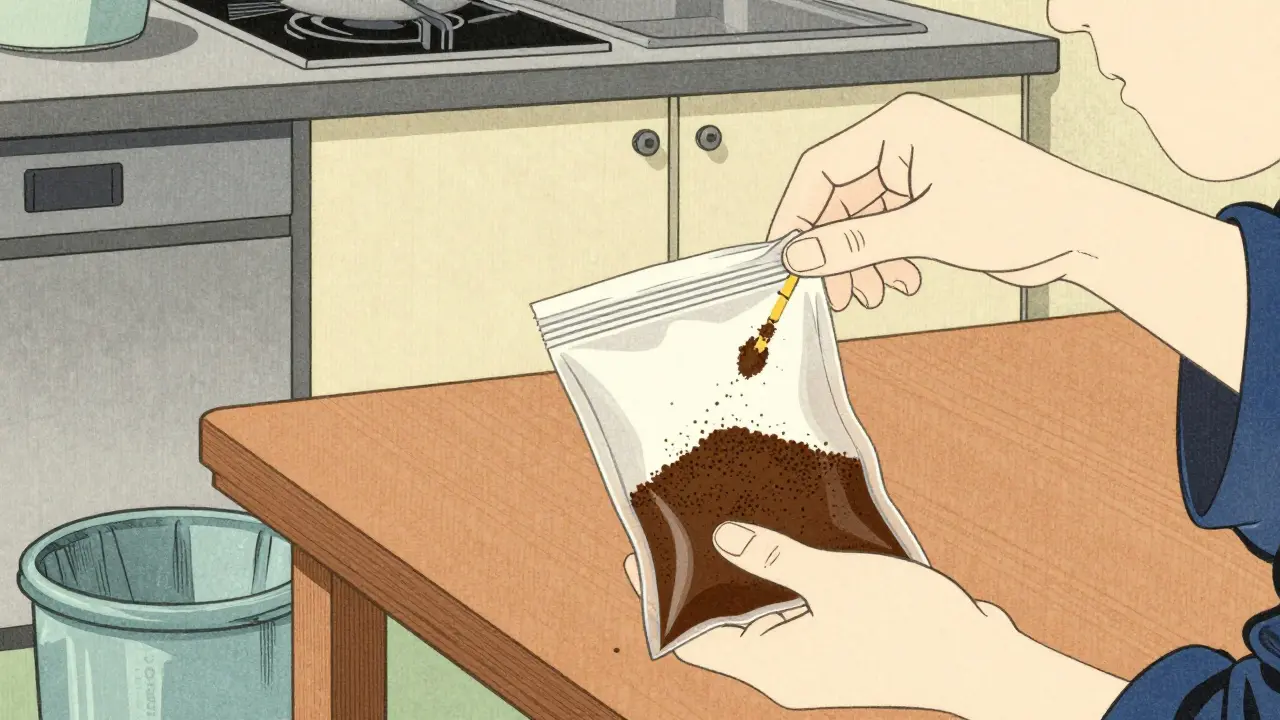 Mixing prescription pills with coffee grounds in sealed disposal bag.