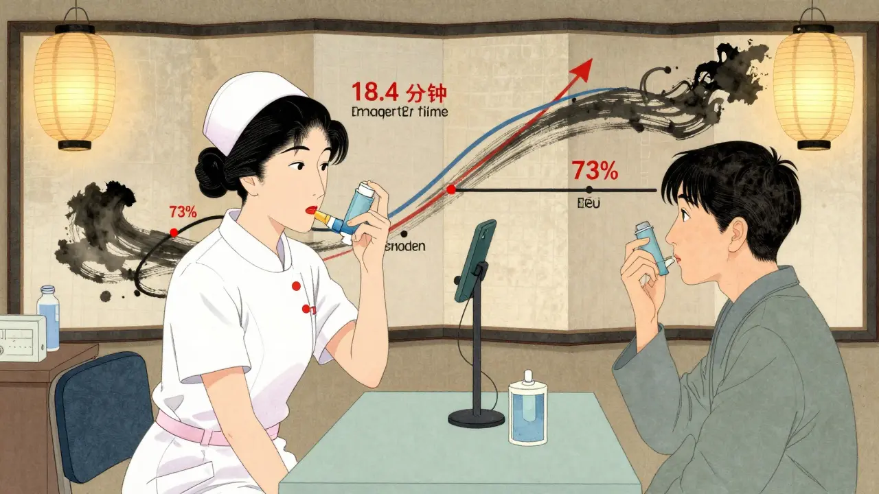 Nurse filming an inhaler tutorial as digital engagement metrics flow like ink brushstrokes.
