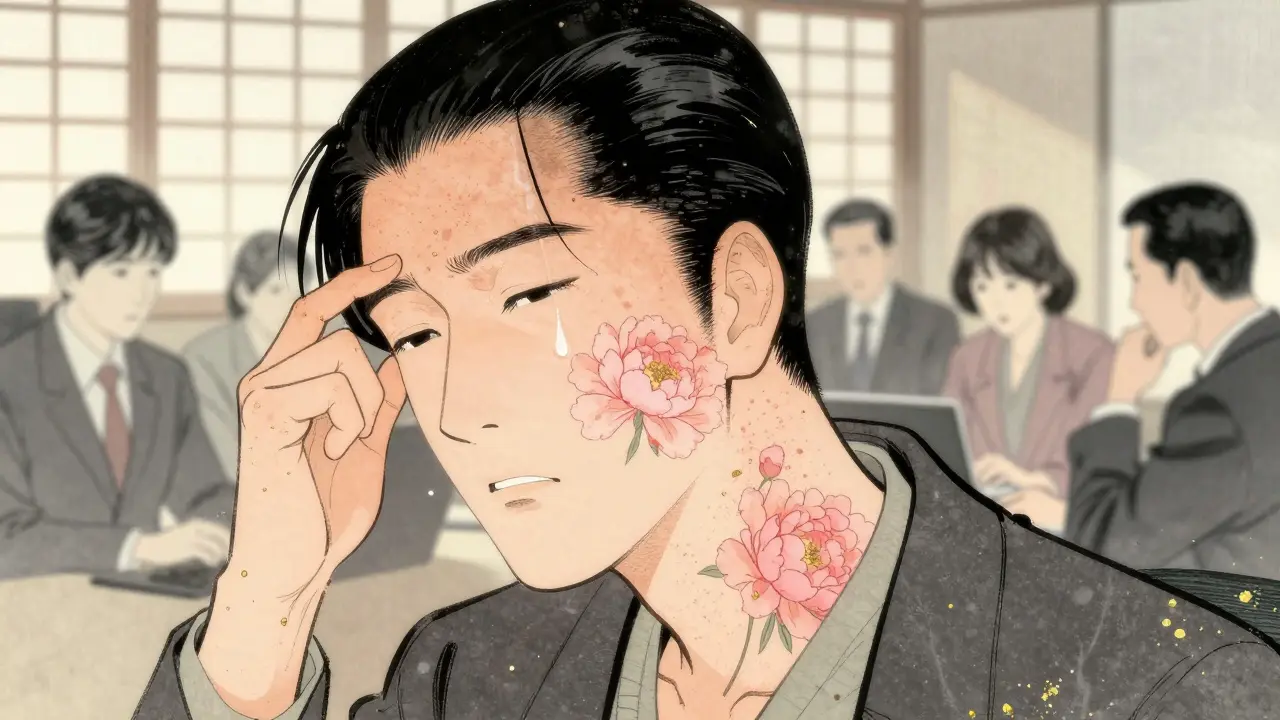 Someone in a meeting with itchy hives on their neck, colleagues blurred in background, daylight through screens.