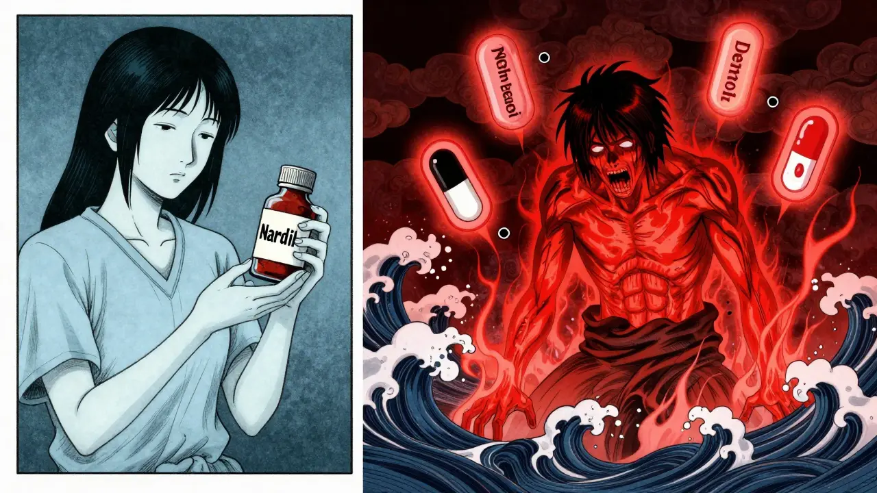 Split scene: calm patient with MAOI on one side, same patient in crisis with dangerous opioids swirling around them in ominous tones.