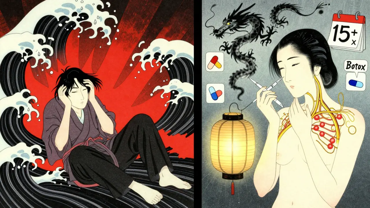 Split scene: one side shows a storm of migraine pain, the other shows calm as Botox blocks pain signals like elegant ink dragons.