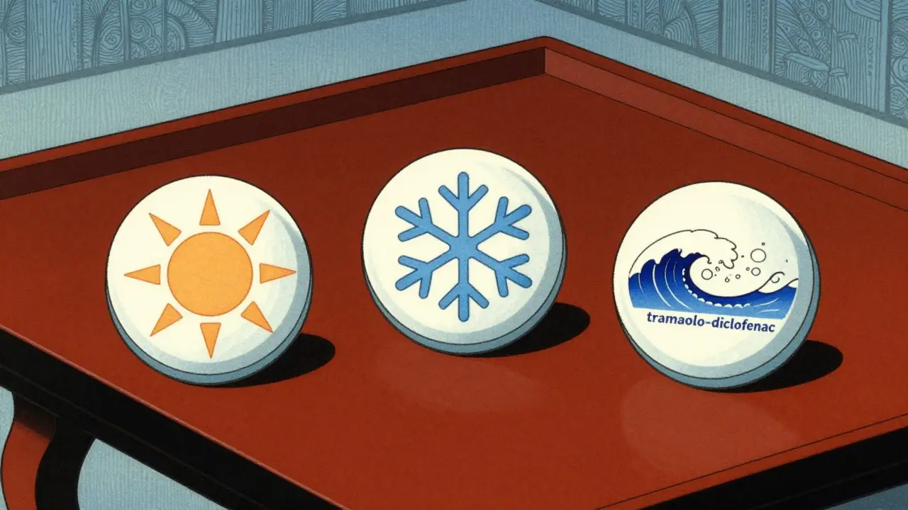 Three pain relief pills with symbolic elements on lacquered table