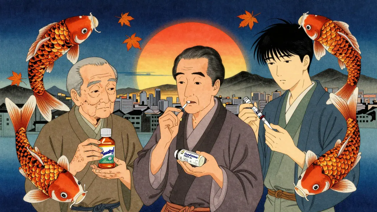 Three people holding different hive treatments, hives shaped like koi and maple leaves, sunrise over city and mountains.