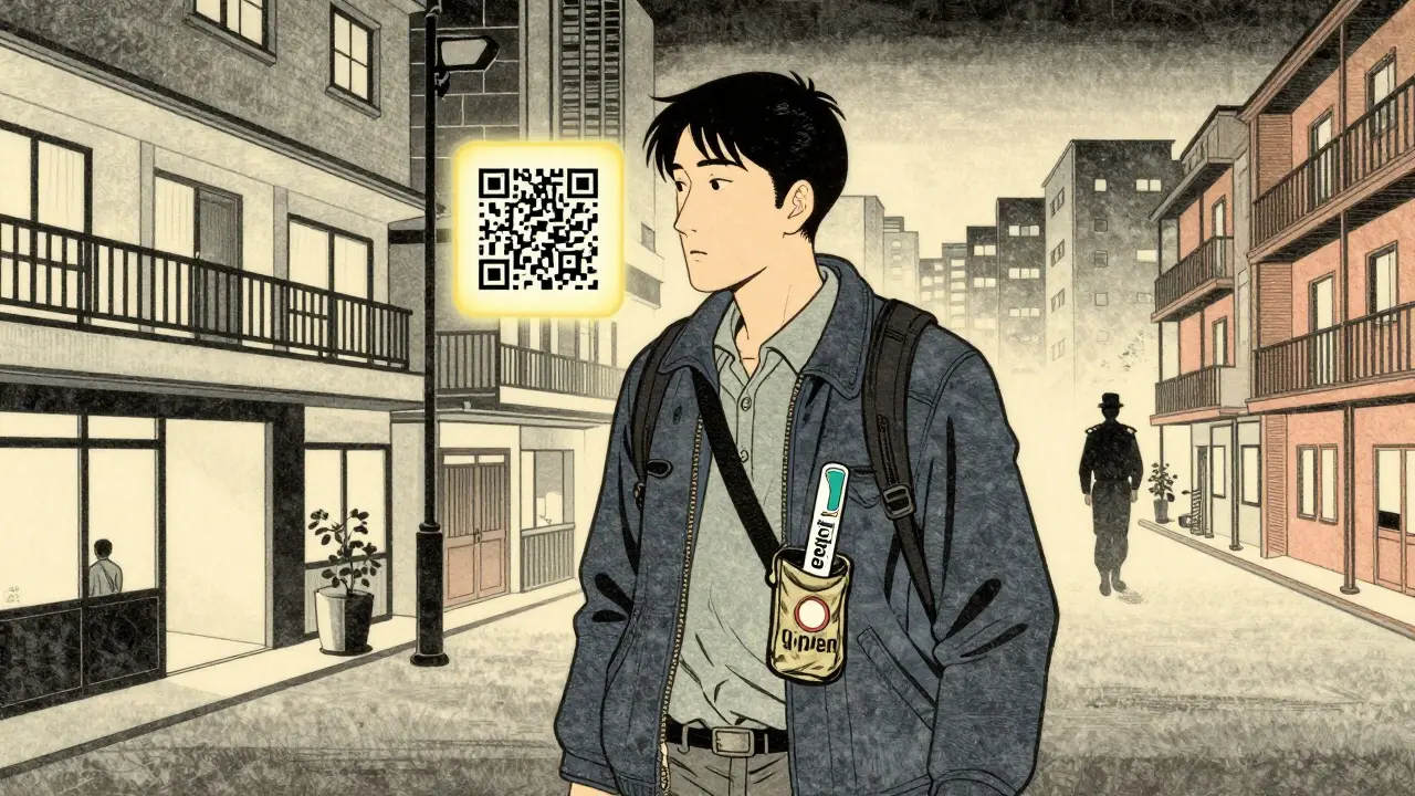 Traveler carrying emergency EpiPen in jacket, QR code floating above, cityscape in ukiyo-e style.