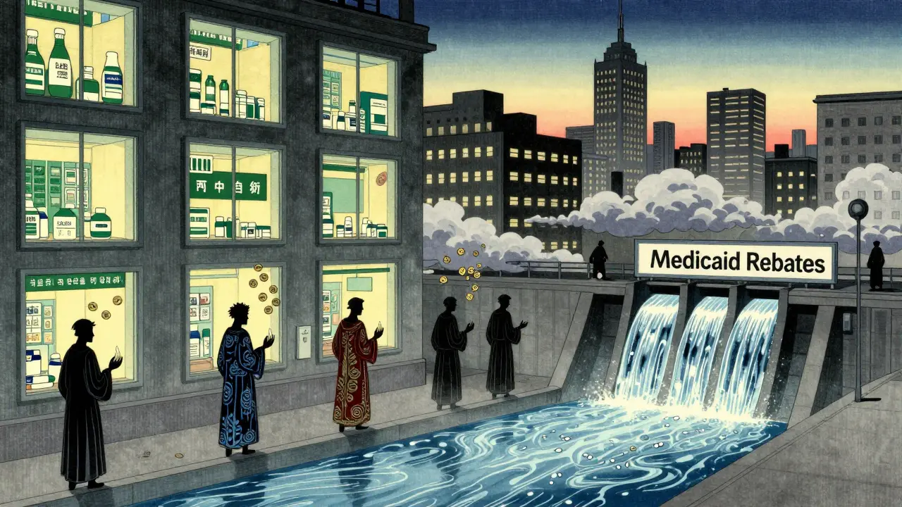 A cityscape of pharmacies flows with generic drug labels, while shadowy figures lose money to rebates, symbolizing cost savings for patients.