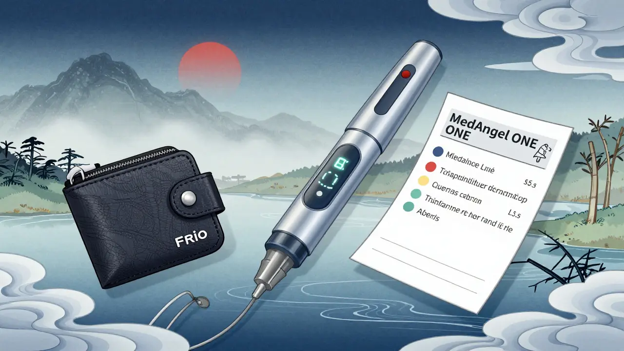 A MedAngel sensor on an insulin pen with a Frio Wallet, set in a misty landscape.