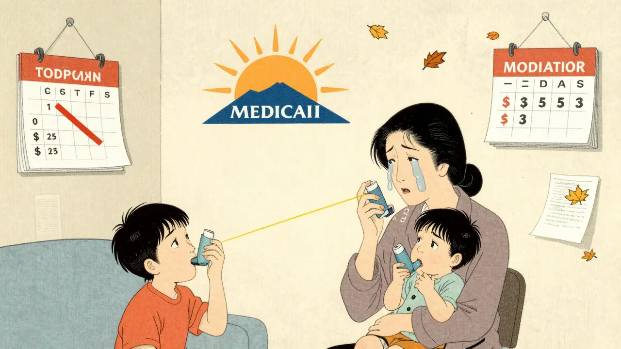 A mother holds her child's inhaler as a golden thread connects it to a Medicaid sun, with copay changes shown on a fading calendar.