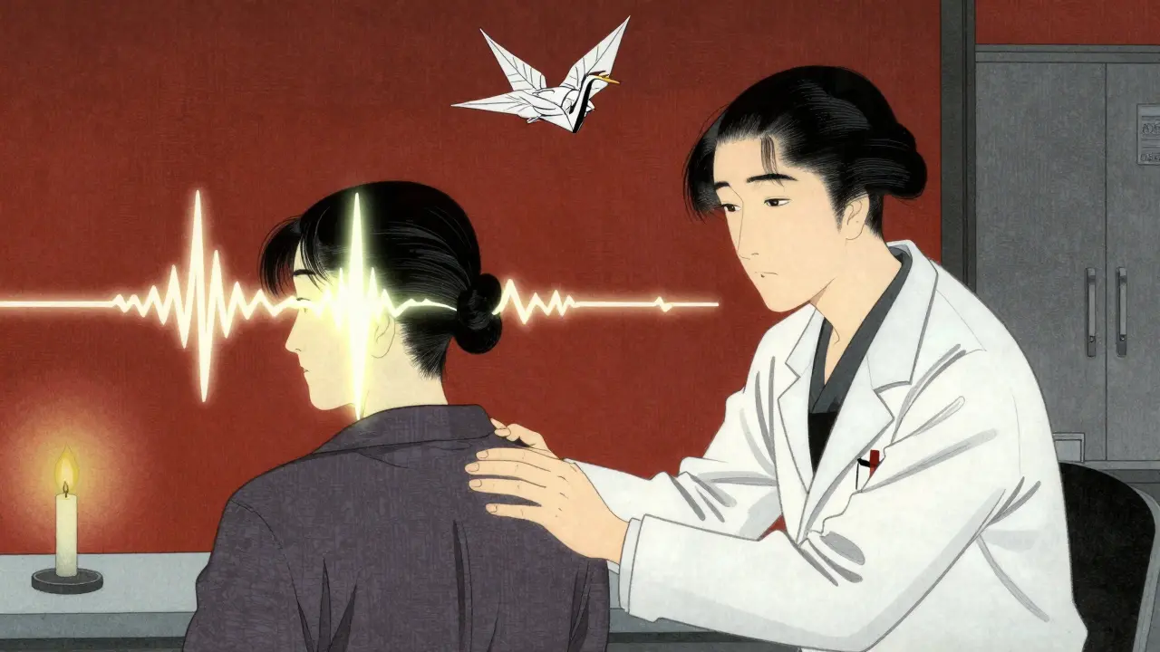 A neurologist comforts a patient as a split image behind them contrasts seizure activity with stability, symbolizing cautious generic use.