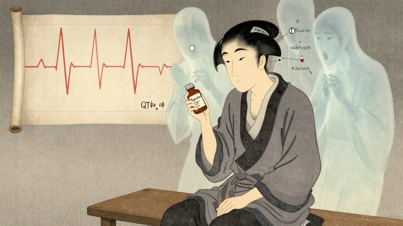 A patient calmly seated while shadowy drug interactions loom behind them, with an elongated ECG line on a scroll.