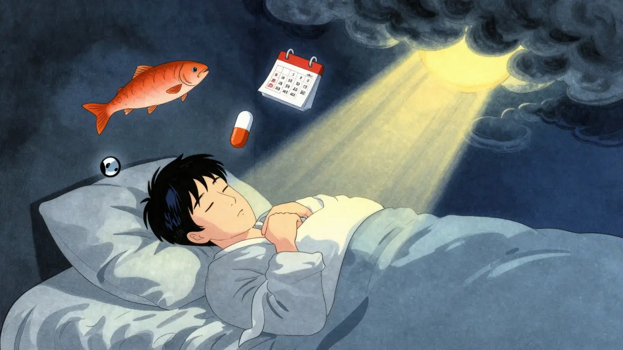 A person at rest with floating symbols of light, vitamin D, and routine, surrounded by soft winter clouds.