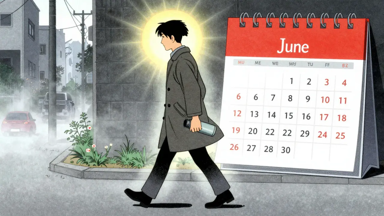 A person walking in misty winter light, followed by a glowing sun aura, symbolizing daily routine as protection.