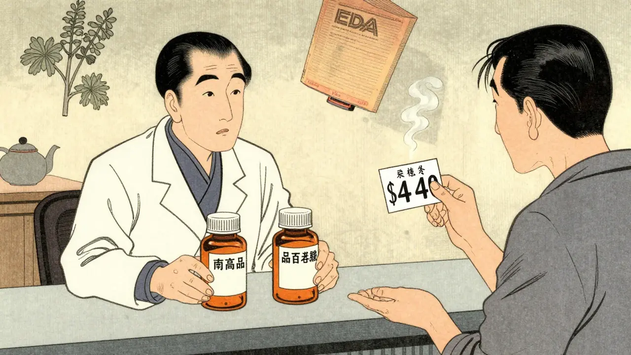 A pharmacist presents two identical pill bottles with vastly different prices, while a patient pauses thoughtfully at the counter.
