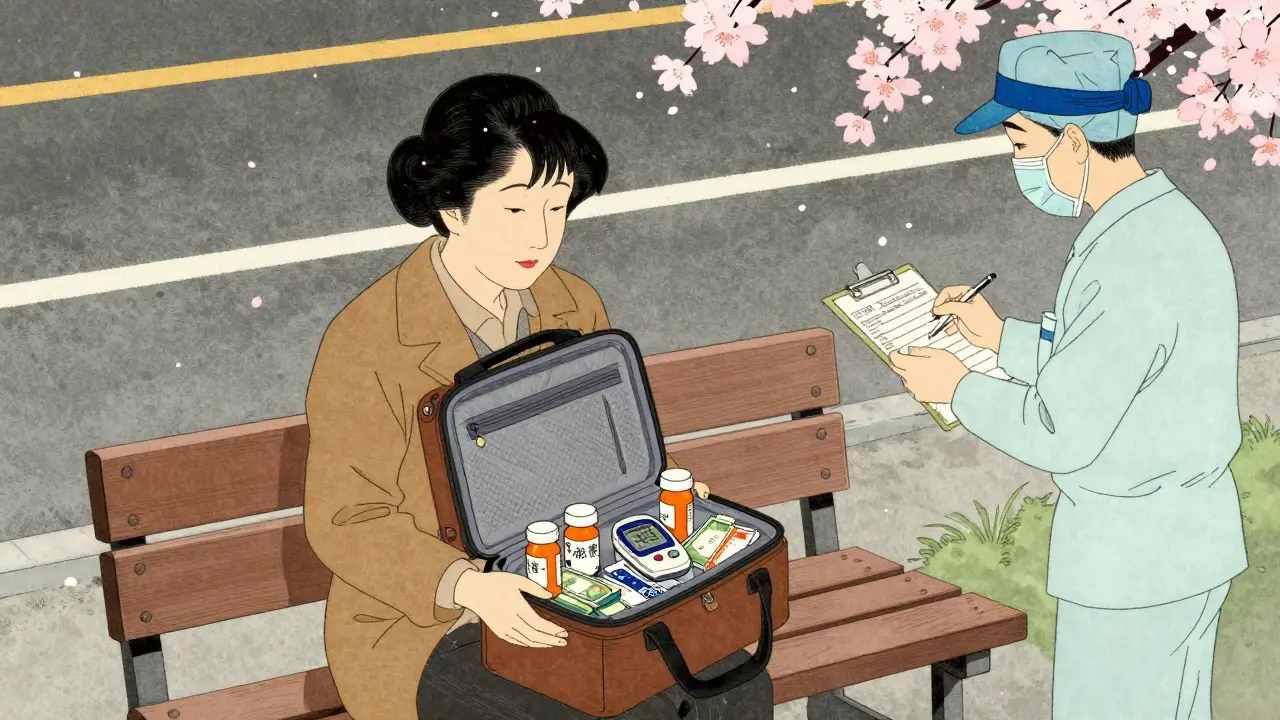 A woman on an evacuation bench with her go-bag open, showing medications and documents.