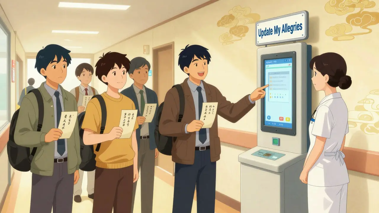 Diverse individuals holding personal allergy cards in hospital hallway, approaching a digital update kiosk under soft sunlight.